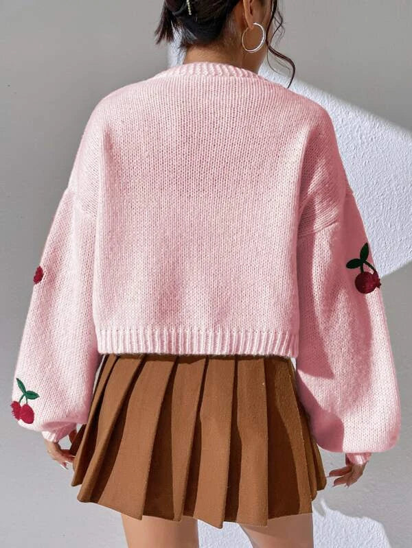 Cherry | Dames Gebreid Vest Met Kers Borduursel