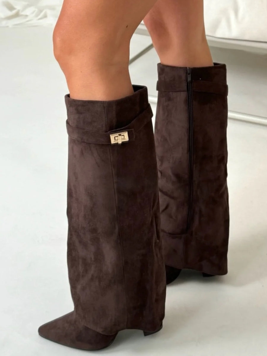 Eliza | Luxe Suèdelook Hoge Laarzen Met Gouden Accent