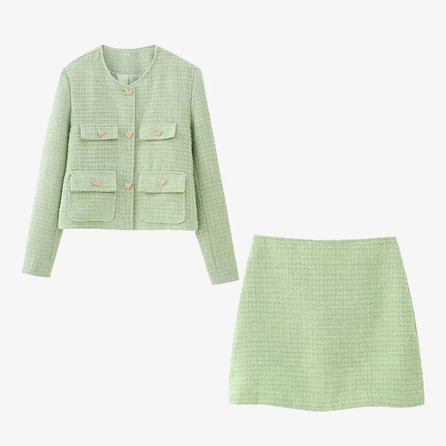 Marissa | Luxe Groene Tweedelige Set Blazer Met Rok