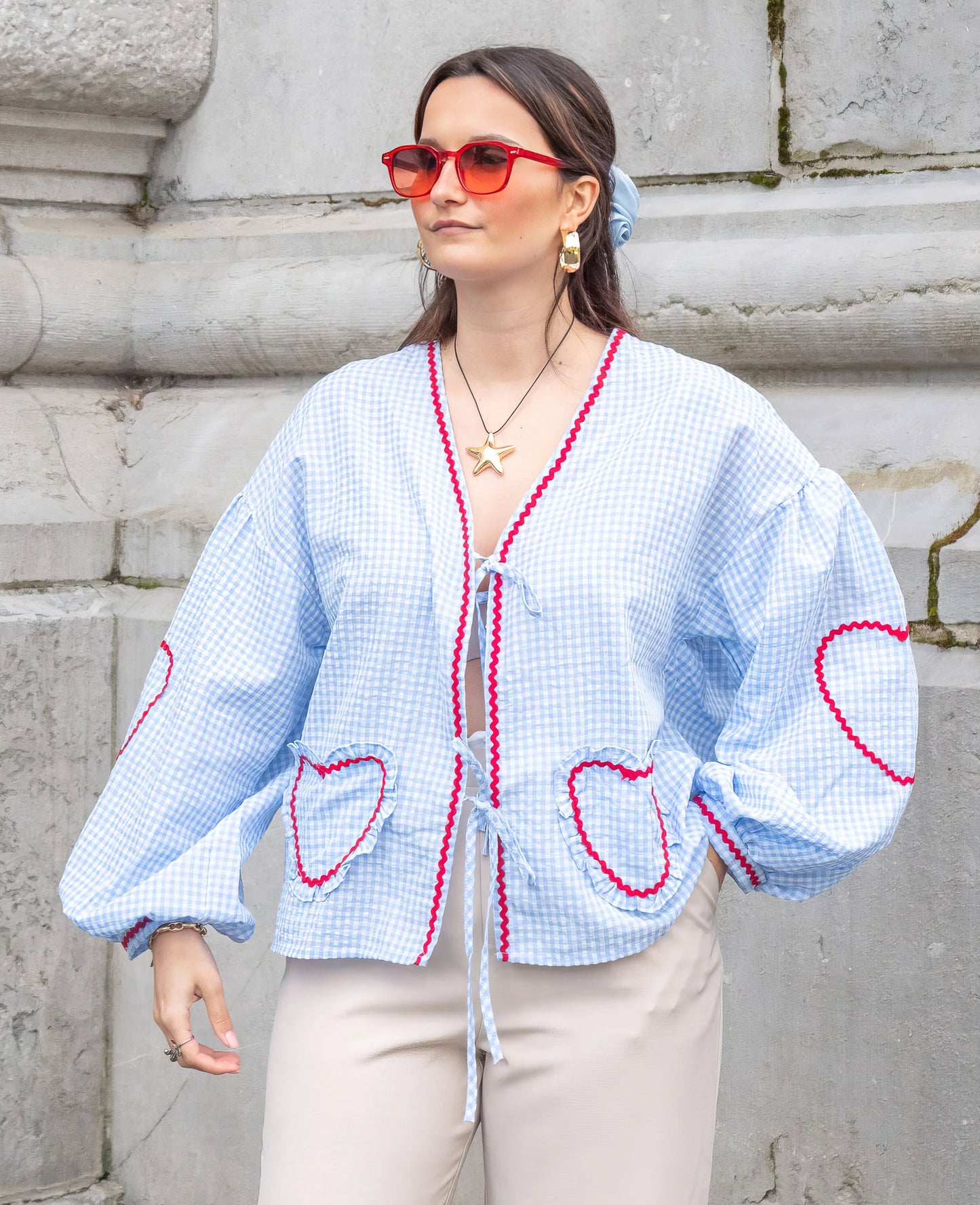 Tiffany | Geruite Blouse Met Hartdetail
