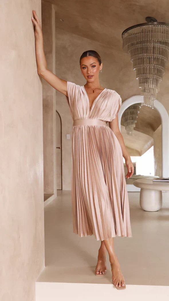 Noor | Elegante Plissé Midi Jurk met Open Rug