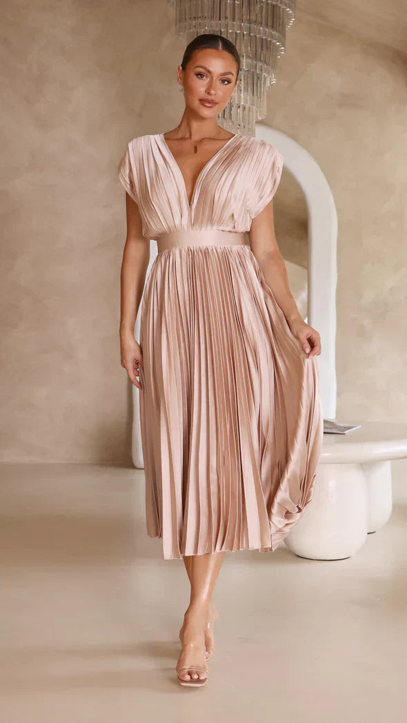 Noor | Elegante Plissé Midi Jurk met Open Rug