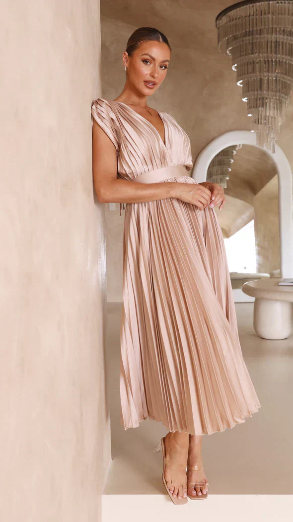 Noor | Elegante Plissé Midi Jurk met Open Rug