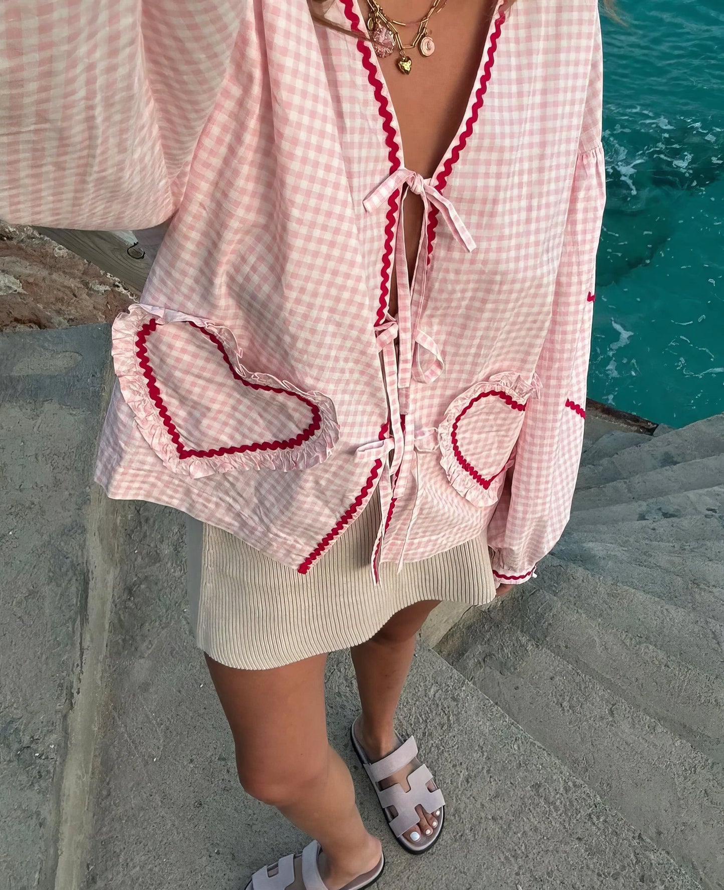 Tiffany | Geruite Blouse Met Hartdetail