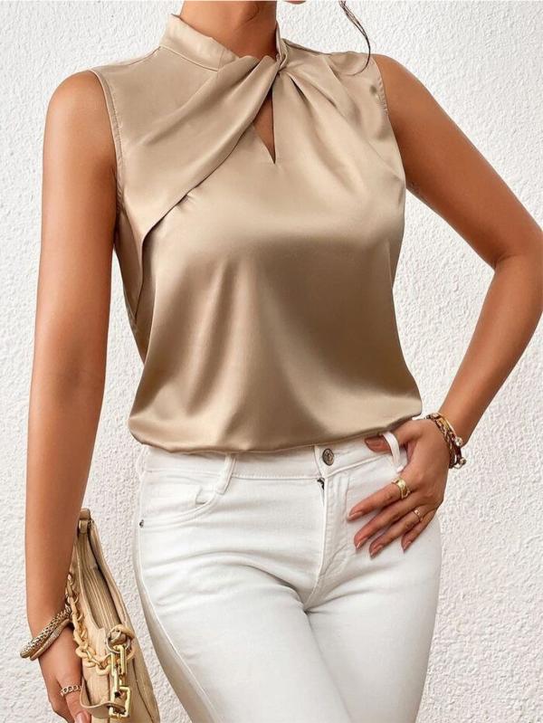 Quinty | Satijnen Mouwloze Blouse Met Gedraaide Hals