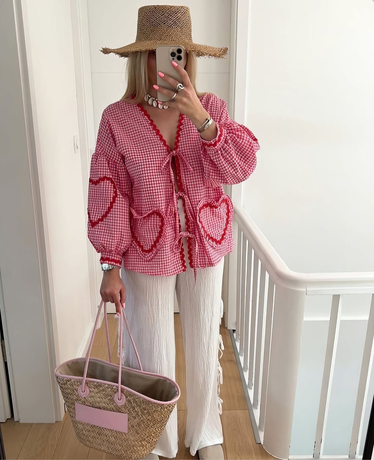 Tiffany | Geruite Blouse Met Hartdetail