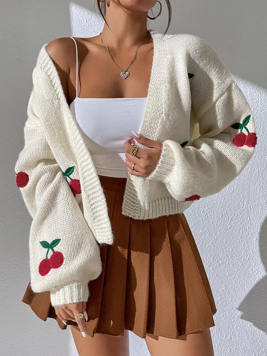 Cherry | Dames Gebreid  Vest Met Kers Borduursel