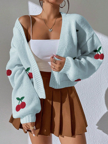 Cherry | Dames Gebreid  Vest Met Kers Borduursel