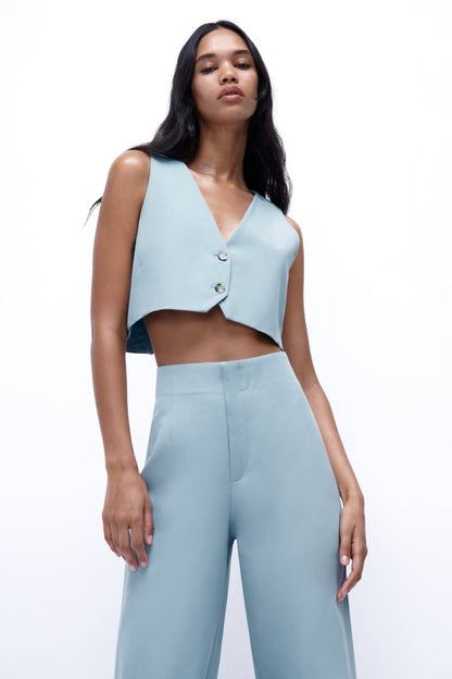 Semmy | Lichtblauwe Tweedelige Set Gilet Met Broek