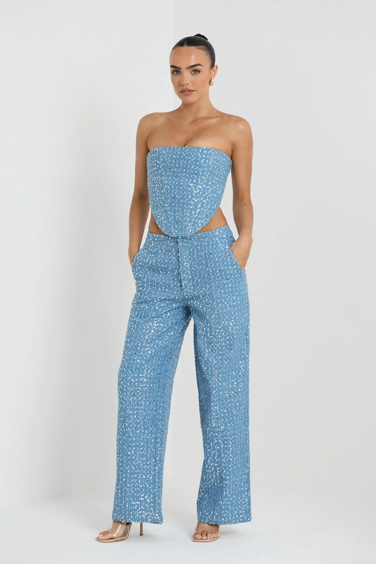 Alicia | Blauwe Tweedelige Glitterset Top Met Broek