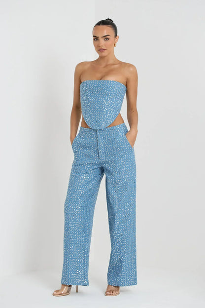 Alicia | Blauwe Tweedelige Glitterset Top Met Broek