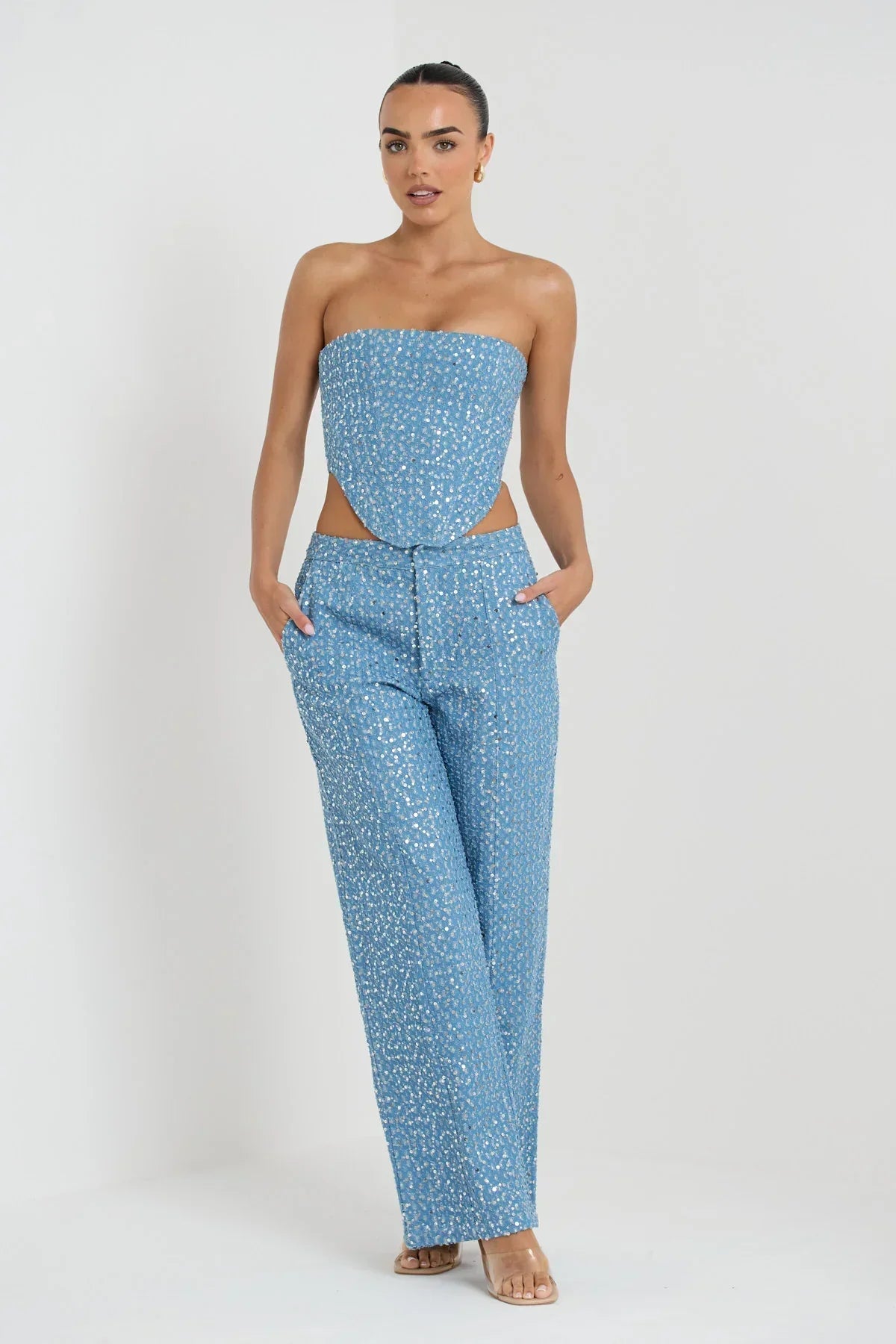 Alicia | Blauwe Tweedelige Glitterset Top Met Broek
