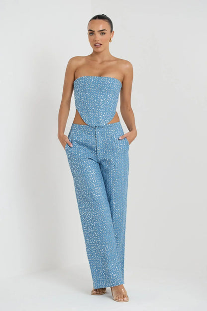 Alicia | Blauwe Tweedelige Glitterset Top Met Broek