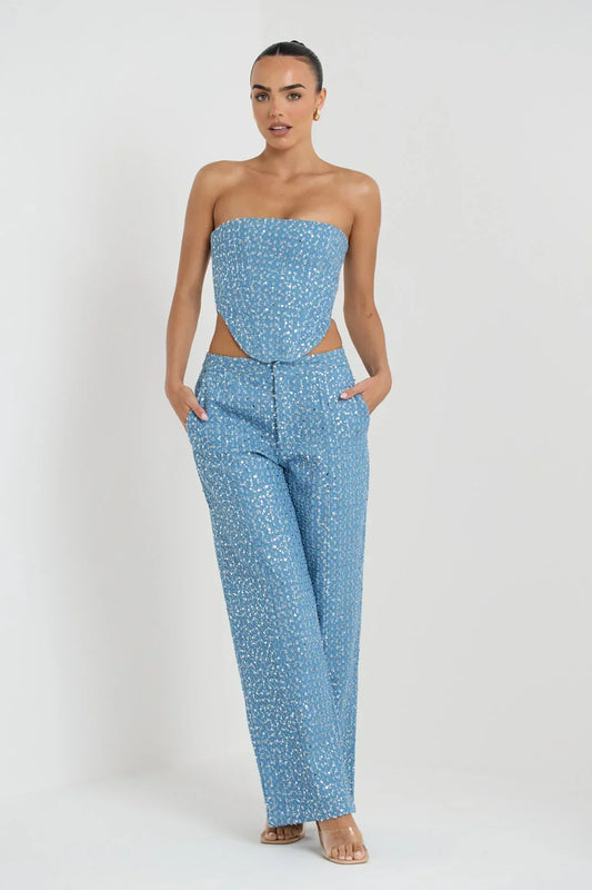 Alicia | Blauwe Tweedelige Glitterset Top Met Broek