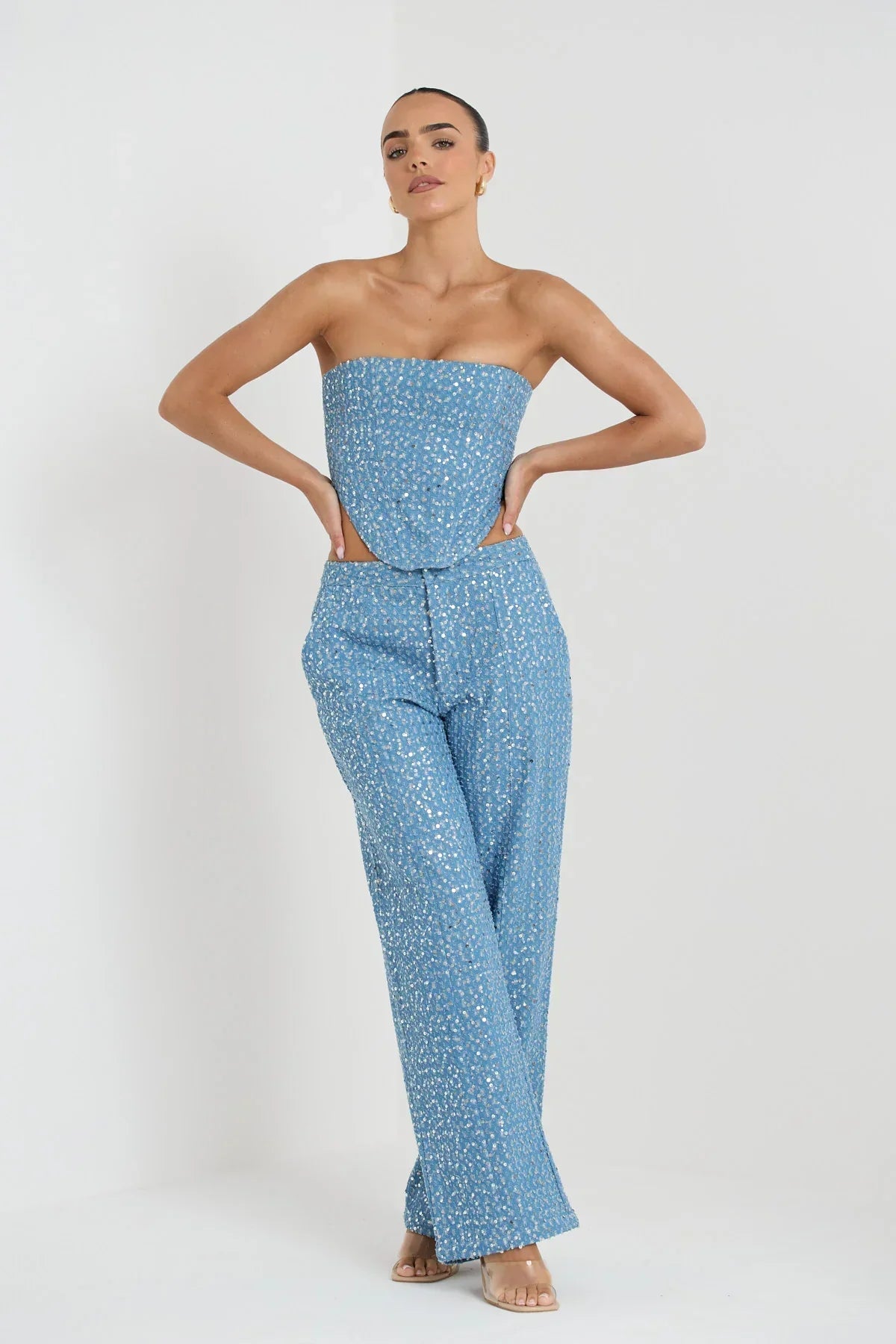 Alicia | Blauwe Tweedelige Glitterset Top Met Broek