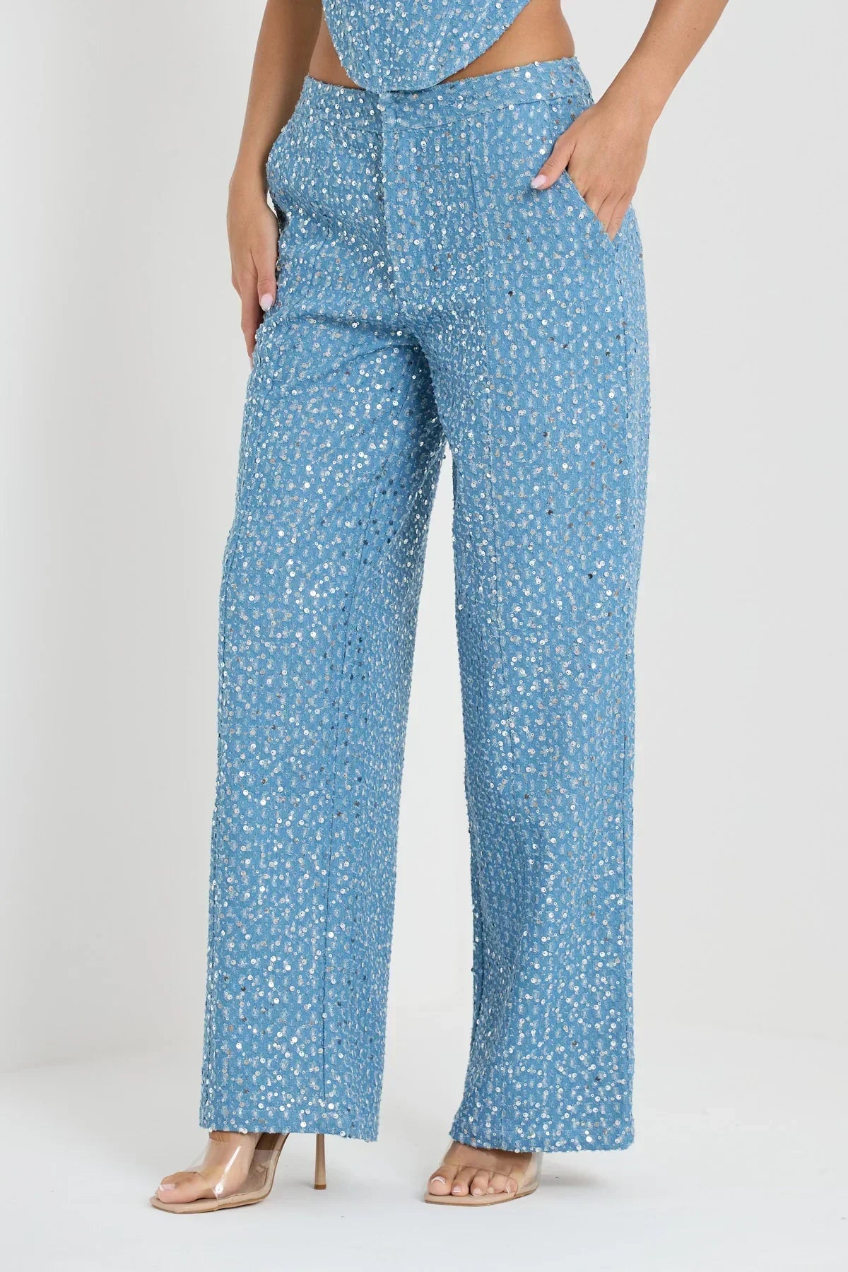 Alicia | Blauwe Tweedelige Glitterset Top Met Broek