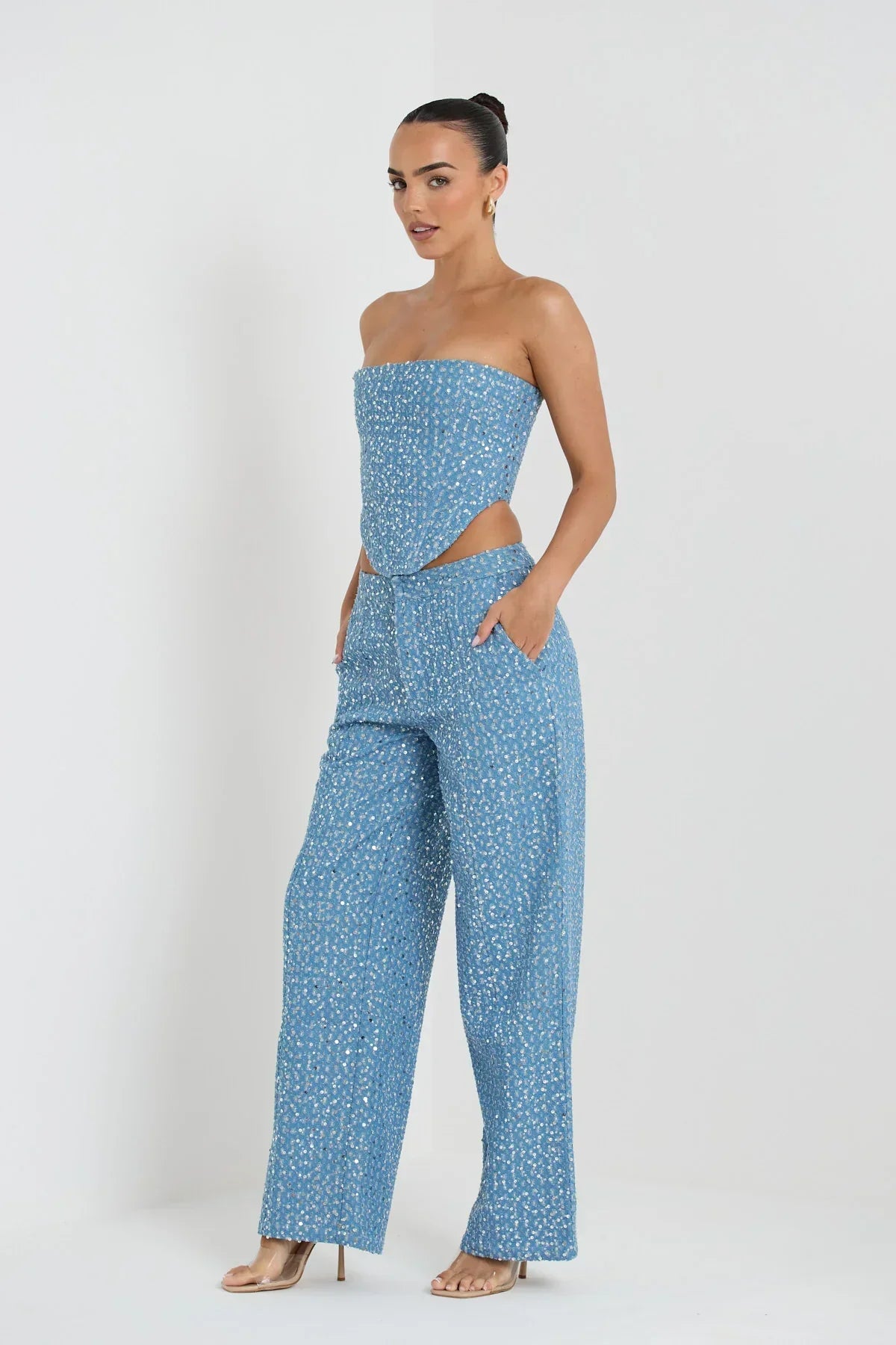Alicia | Blauwe Tweedelige Glitterset Top Met Broek