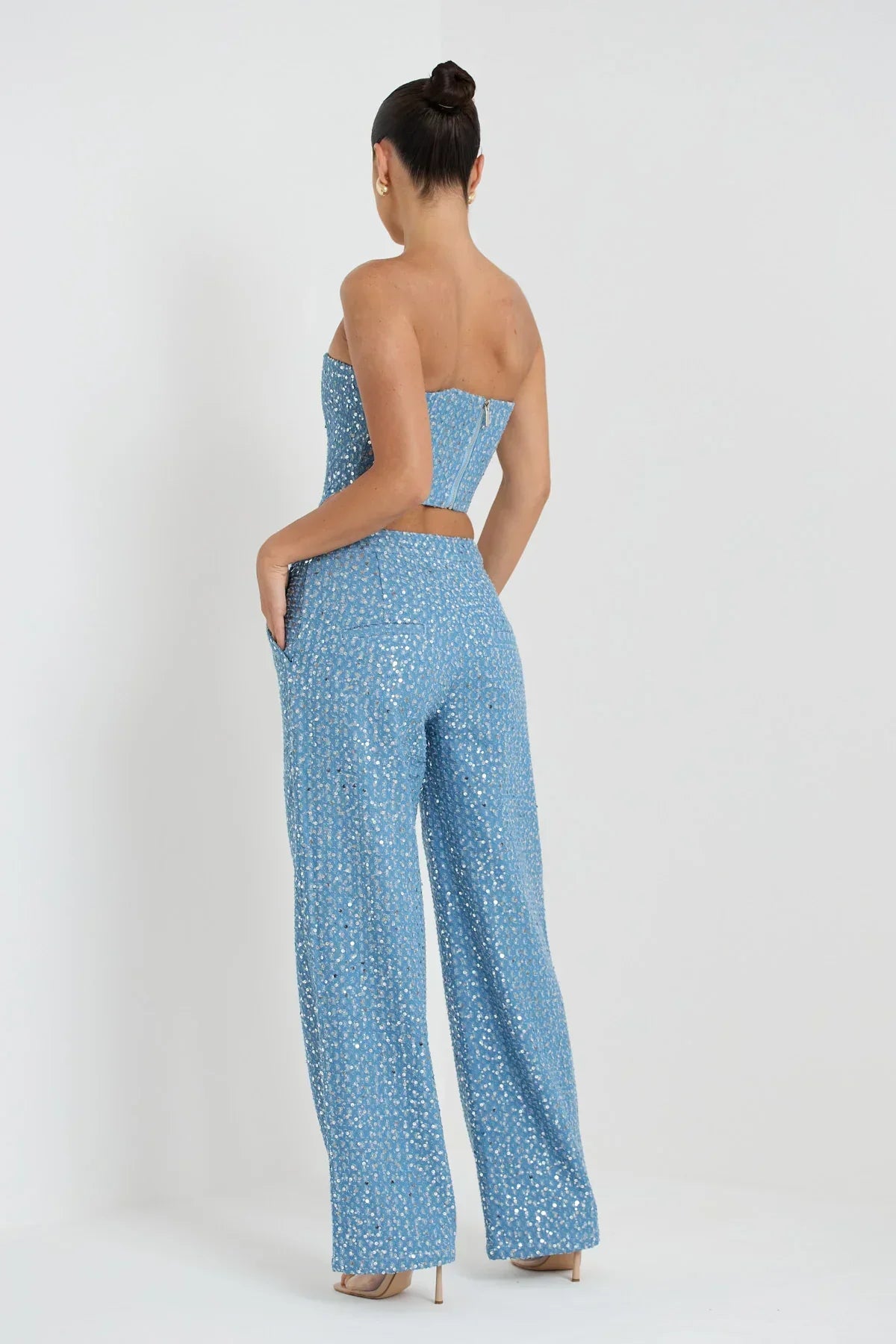 Alicia | Blauwe Tweedelige Glitterset Top Met Broek