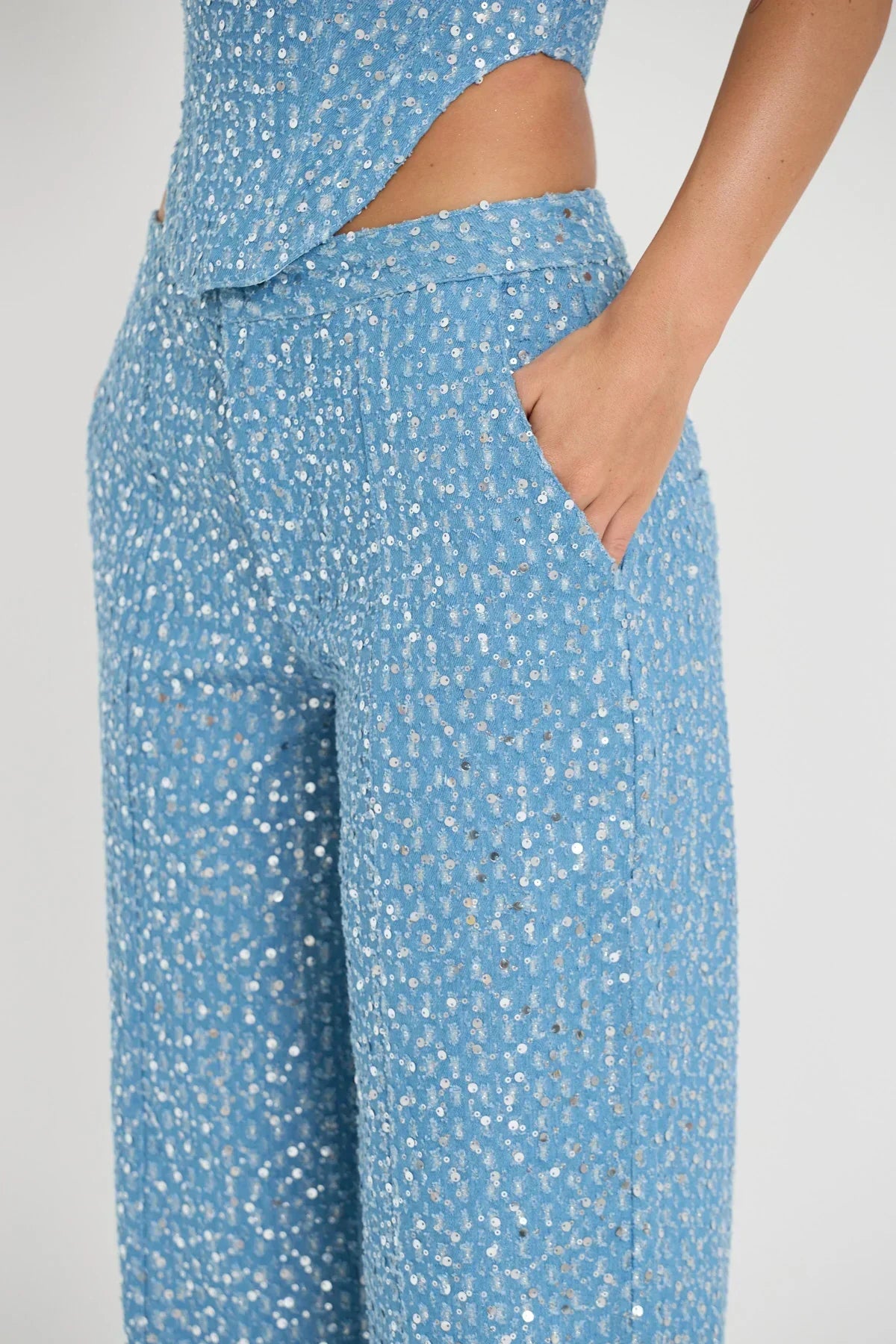 Alicia | Blauwe Tweedelige Glitterset Top Met Broek