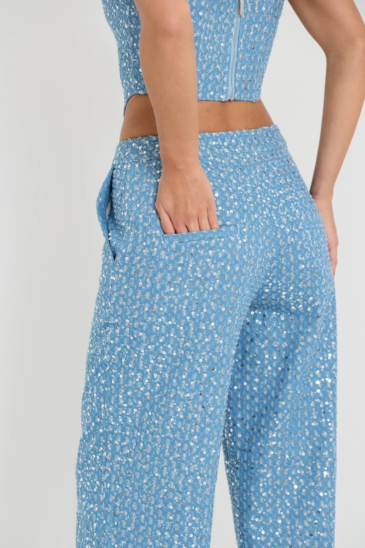 Alicia | Blauwe Tweedelige Glitterset Top Met Broek