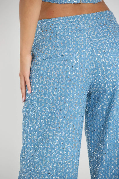 Alicia | Blauwe Tweedelige Glitterset Top Met Broek