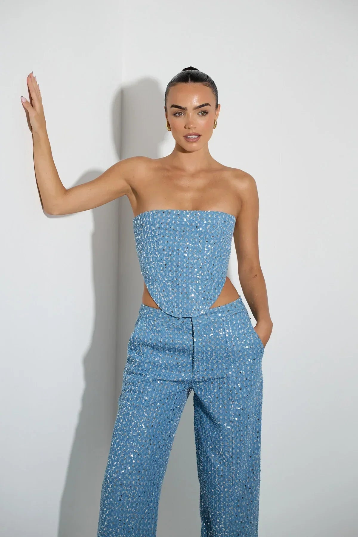 Alicia | Blauwe Tweedelige Glitterset Top Met Broek