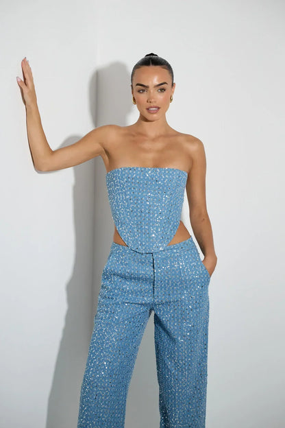 Alicia | Blauwe Tweedelige Glitterset Top Met Broek