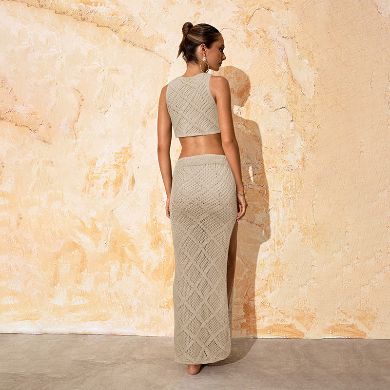 Amber | Gebreide Beige Set Top Met Rok