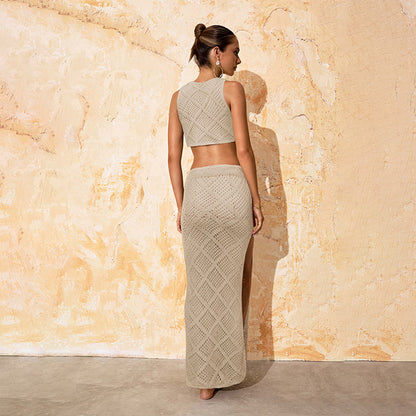 Amber | Gebreide Beige Set Top Met Rok