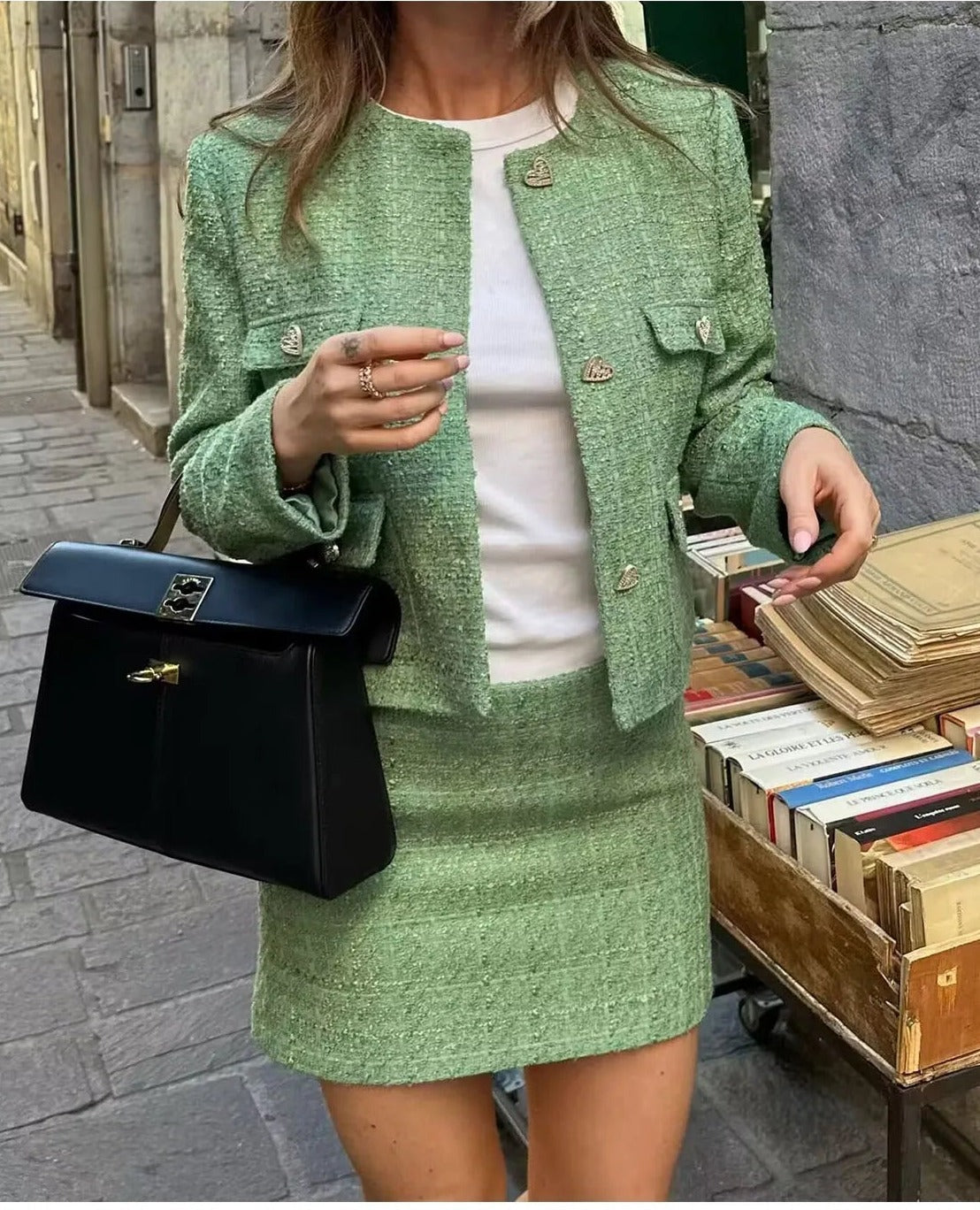 Marissa | Luxe Groene Tweedelige Set Blazer Met Rok