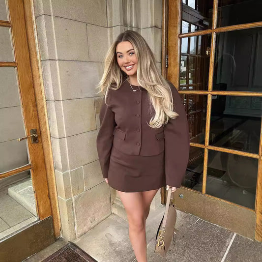 Maura | Mocha Set Vest Met Korte Rok