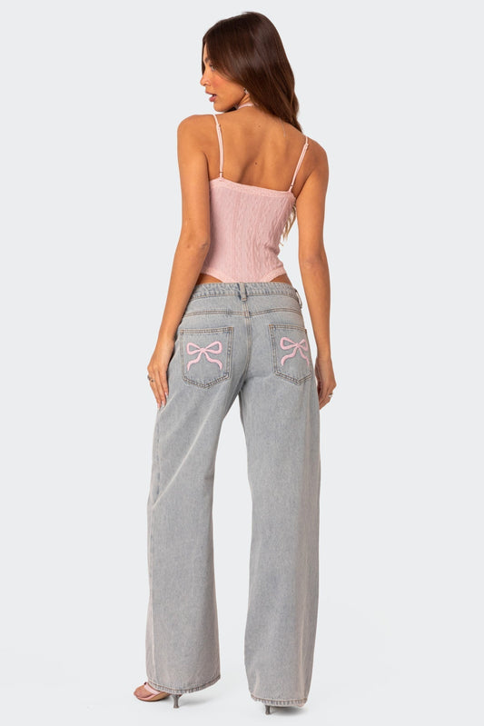Florine | Oversized Jeans Met Strikjes Op Achterzak