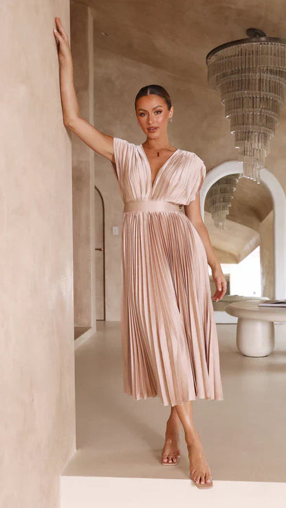 Noor | Elegante Plissé Midi Jurk met Open Rug