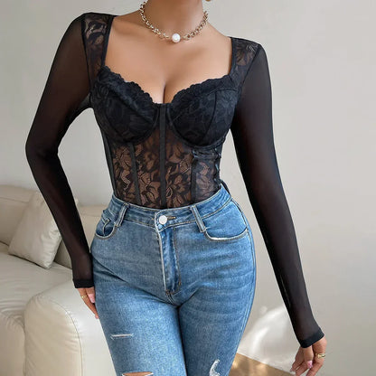Whitney | Verleidelijke Kant-en-Mesh Body Met Lange Mouwen