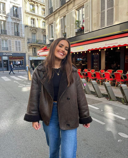 Ivy | Bruine Leren Jas Met Imitatiebont