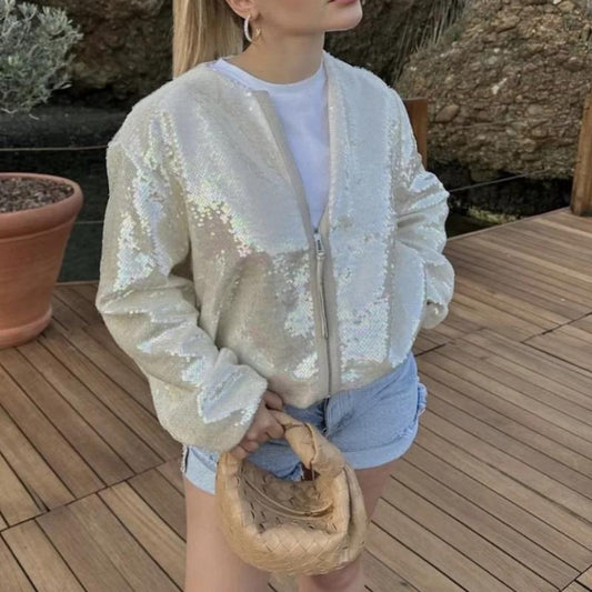 Bobby | Beige Bomberjas Met Pailletten