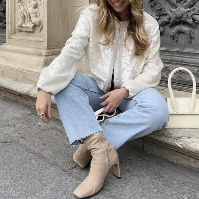 Bobby | Beige Bomberjas Met Pailletten