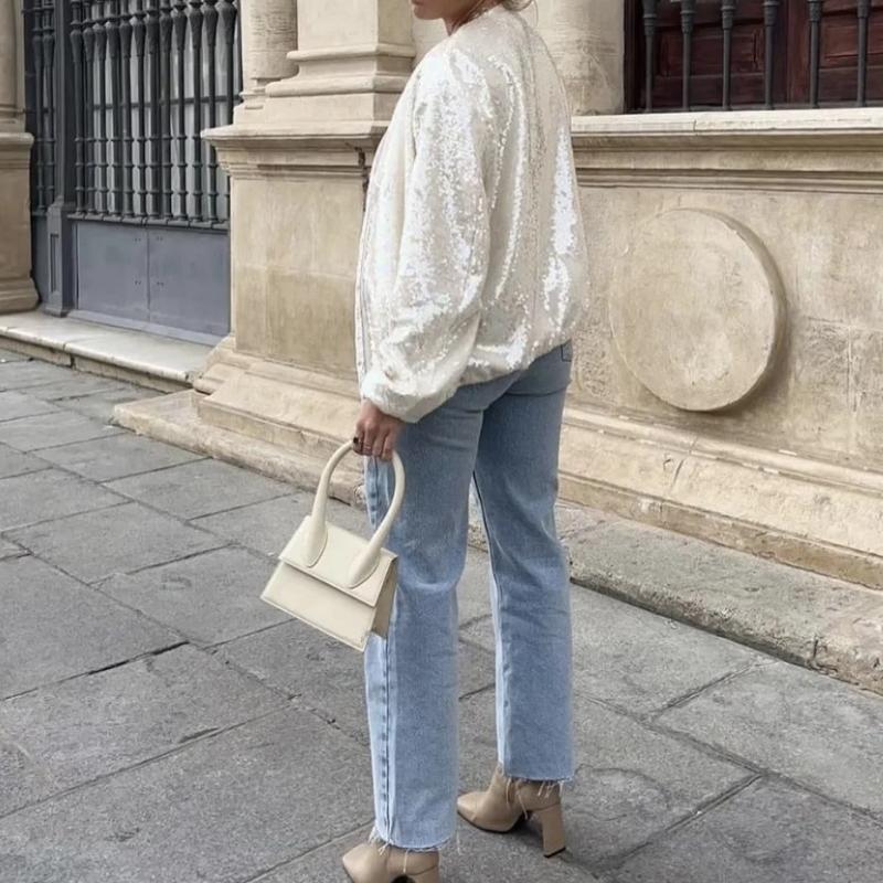 Bobby | Beige Bomberjas Met Pailletten