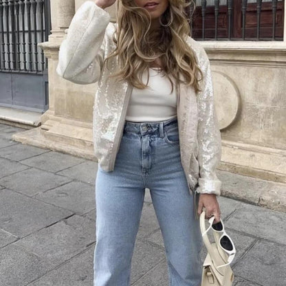 Bobby | Beige Bomberjas Met Pailletten